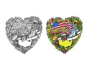 Poster - America USA doodle coloring book illustration with floral ornament decoration