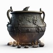 Antique copper pot cauldron over flames isolated on a white background