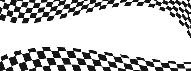 Wall Mural - Waving race flags background with copyspace. Motocross, rally, sport car competition wallpaper. Warped black and white squares pattern. Checkered winding texture