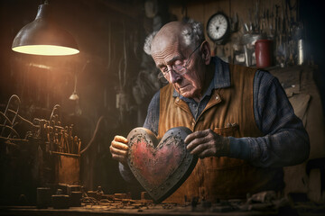 Elderly Senior Caucasian Man At Work Bench Repairing Broken Heart - Generative AI.