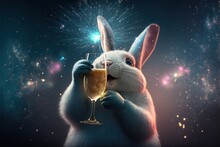 Happy New Year, 2023, Chinese New Year, Zodiac Sign, Lunar New Year, Year Of The Rabbit, Bunny Drinks Champagne To Celebrate The New Year, Blue, Gold, Space For Text, Generative AI