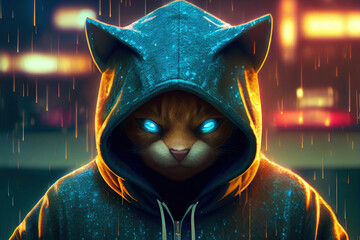 The mysterious cat hacker is wearing a hoodie. Generative AI