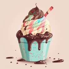 Stylized Illustration Of A Hot Fudge Sundae With Sprinkles On Pink Background, Generative AI