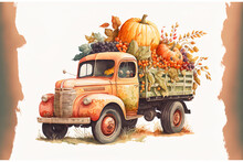 Harvest Themed Vintage Truck In Watercolor With Crops Like Pumpkin. Illustration Of A Hand Painted Antique Retro Automobile That Is Ideal For Use On Thanksgiving Cards, Wedding Invitations, And Fall P