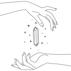 Magic hands with healing crystals in trendy linear minimal style. Logo and icons design template for cosmetics or beauty products and packaging branding name. png