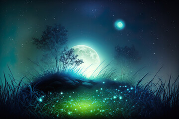 Fantasy landscape with shining stars and a backdrop of blurred grass. Generative AI