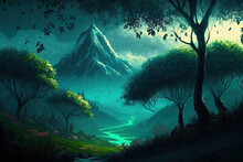 Beautiful Green Forest Shrouded With Mystery Wonderful Mountain. Fanciful Background Realistic Concept Art Video Game History Electronic Painting Scenery Artwork CG Artwork Intensive Book. Generative