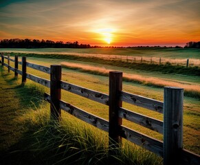 sunset over a field of wheat and trees with fences, agriculture, background, beautiful, blue, cloud, clouds, country