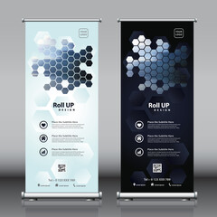 Roll up banner design with hexagon shapes artwork hexagon patterns and image. Editable vertical illustration template vector set, modern standee and flag banner