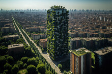 Aerial View Of Milan's Porta Nuova Neighborhood With The Bosco Verticale, Or Vertical Forest. Residences With Balconies Adorned With Several Trees And Other Plants. Generative AI