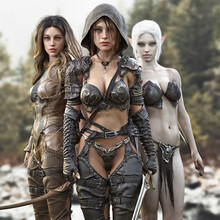 Fantasy Female Warrior, Archer And Dark Elf Rouge Ready For Battle. 3d Rendering
