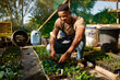 © StratfordProductions - Young black man wearing apron crouching by plants in garden center