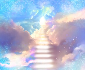 Wall Mural - Illustration of the mysterious gate leading to the heaven and the divine light shining through a gap in the sea of clouds