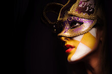 Close Up Portrait Of Beauty Young Woman In Venice Mask
