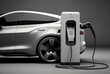 Leinwandbild Motiv EV car with Electric charging station charger background. Technology and transportation concept. Generative AI