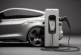Fototapeta  - EV car with Electric charging station charger background. Technology and transportation concept. Generative AI