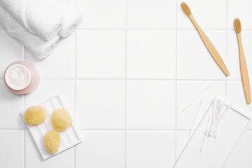 bathroom object on white tile background, top view and copy space