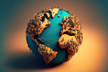 world map with globe connecting people through new tecnology concept illustration, generative ai