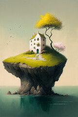 Wall Mural - idyllic white house, green island in the sea, cherry blossom tree