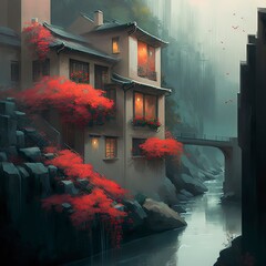 Poster - An idyllic fantasy ravine town with red flowers, willows, fog and grays