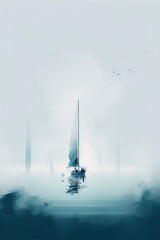 A minimal vast foggy sea spotted with sailboats landscape