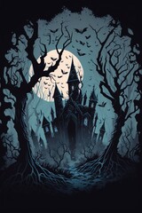 Sticker - A gloomy castle surrounded by fog or a dark graveyard with bony trunks