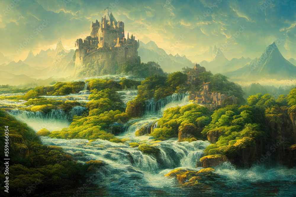 Beautiful digital art generative AI of fantasy fairy tale castle on ...