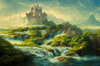 Beautiful digital art generative AI of fantasy fairy tale castle on waterfall with hills and mountain scenery. Splendid greenery and forest landscape like it came out from fairytale.