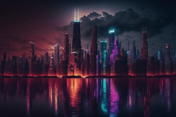 Poster - city skyline with all buildings made of neon lights