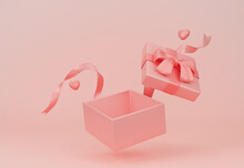 Pink Gift Box With Ribbon, Bow. 3d Abstract Background For Valentine, Birthday. 3d Render. Mockup Empty Product Design. 