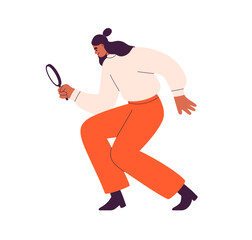 Wall Mural - searching and finding concept. woman looking through magnifying glass, lens. person seeking for info