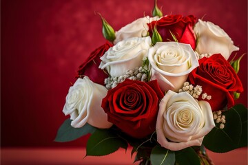 Poster - A bouquet of white and red roses flowers as symbol of love and romance against a red color background