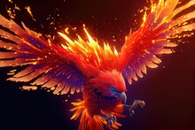Burning Phoenix Bird - This Fiery Bird Has Hot Orange And Red-orange Plumage With Regal And Majestic Head And Beak. Generative AI With 3D Shading For Photorealism