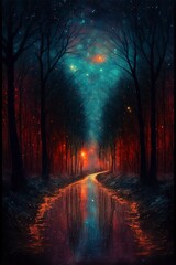 Fototapete - landscape Terracotta Road Through the dark forest, Starry night