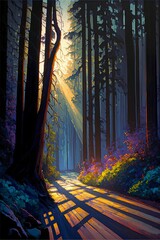 Wall Mural - Forest Fog sunset