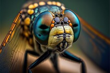  A Close Up Of A Blue And Yellow Dragonfly With Large Eyes And A Black Head And Legs, With A Black Background And A Green Background With A Yellow Border And Orange Border,.