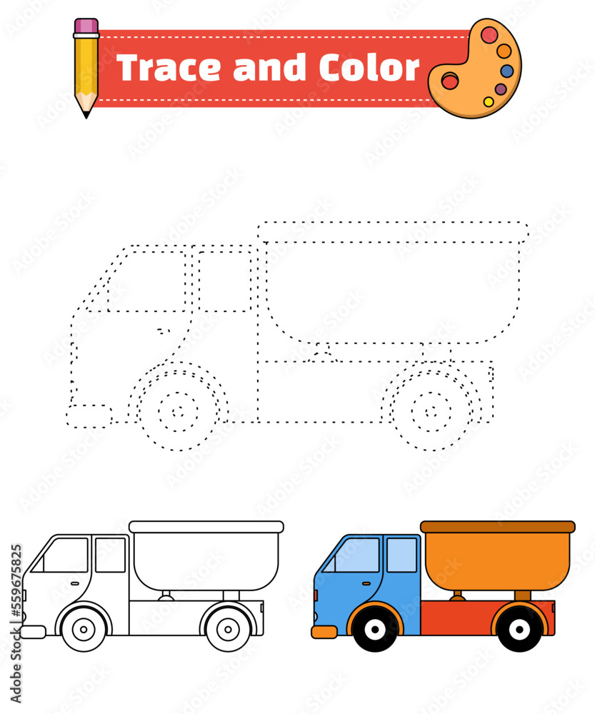 Trace and color for children, coloring page or book, truck vector ...