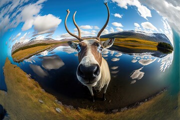 Poster -  a deer is reflected in a mirror with a sky background and clouds in the background, and a reflection of the deer's head is in the water, and the foreground,. Generative AI