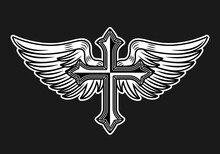 Cross With Angel Wings Tattoo Style Vector Illustration On Black Background