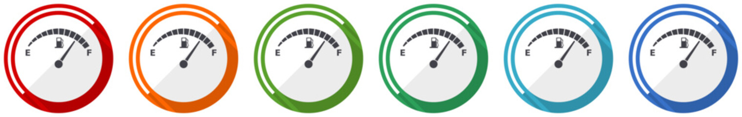 Aufkleber - Fuel gauge, car petrol dashboard icon set, flat design vector illustration in 6 colors options for webdesign and mobile applications