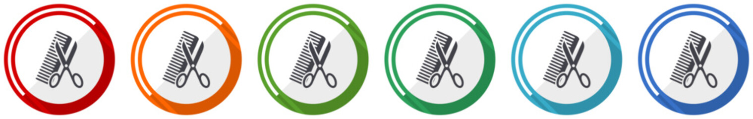 Aufkleber - Haircut, style, hair salon icon set, flat design vector illustration in 6 colors options for webdesign and mobile applications