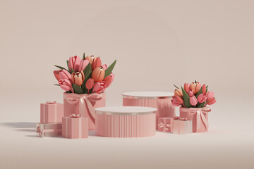 Wall Mural - 3D podium display, pastel pink background with tulip flowers. Tulip flower and palm leaf. Minimal pedestal for beauty, cosmetic product. Valentine, feminine copy space template 3d render
