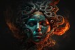 A portrait of the face of medusa flames fire smoke created with generative Ai