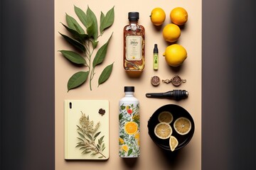 Poster - a table topped with lemons and other items next to a bottle of alcohol and a plate of lemons and a bottle of honey on a table top of leaves and a brown background.