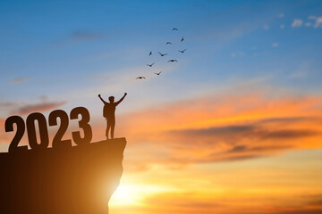 Wall Mural - Silhouette of young traveler standing on the top of the mountain and open arms with bird fly over the sky and text 2023 written on the rock. Concept of planning, goal, challenge, new year resolution.