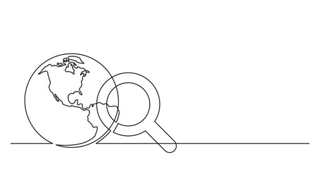 Sticker - continuous line drawing of world planet with looking glass search icon PNG image with transparent background