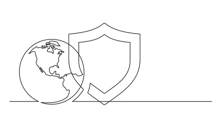 Wall Mural - continuous line drawing of world planet with protection security shield icon PNG image with transparent background