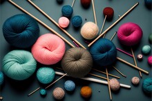A Group Of Balls Of Yarn And Knitting Needles On A Table With Yarn Balls And Needles In The Middle Of The Image And A Ball Of Yarn On The Table With The Needles And A. Generative AI