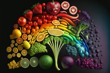 Sticker - a rainbow of fruits and vegetables on a black background with a black background and a black background with a rainbow of fruits and vegetables on it's bottom half of the rainbow of the.