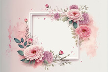 Beautiful Valentine's Day Frame With Watercolor Flowers. Pink And White Rectangle Illustration With Copy-space.